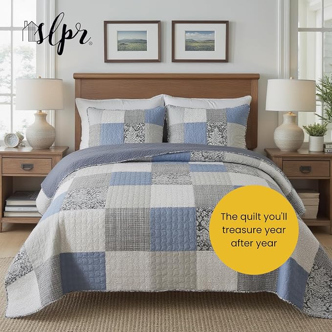 SLPR - Sweet Dreams Blue Patchwork Cotton Quilt Set, Queen - Image 7