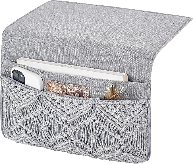 Mkono Macrame Bedside Caddy, Boho Bed Storage Organizer, 4 Pockets Grey | Dorm by Mkono