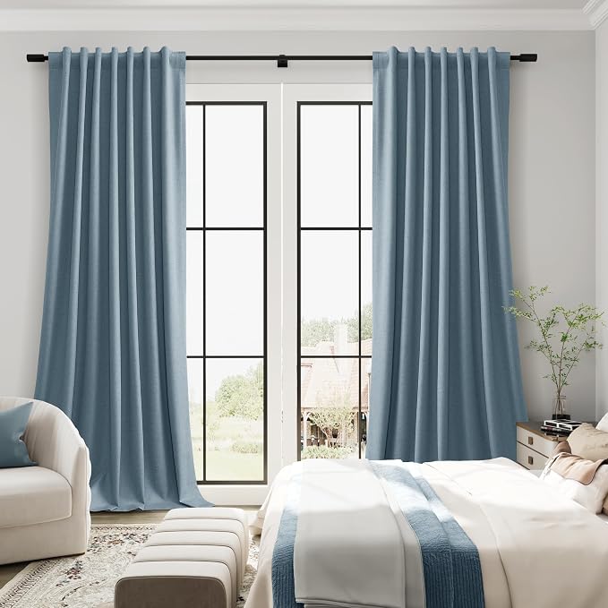 Blue Linen 100% Room Darkening Curtains 120 Inches Long - Image 5