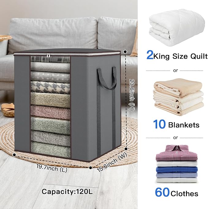 Comforter Storage Bags 120L for Blanket Clothes Bedding Sheet 2 Pack Grey | - Image 2