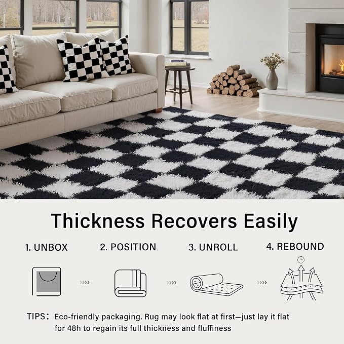 Checkered Rug 6x9 for Living Room Black and White Soft Shag Rugs | Machine - Image 5