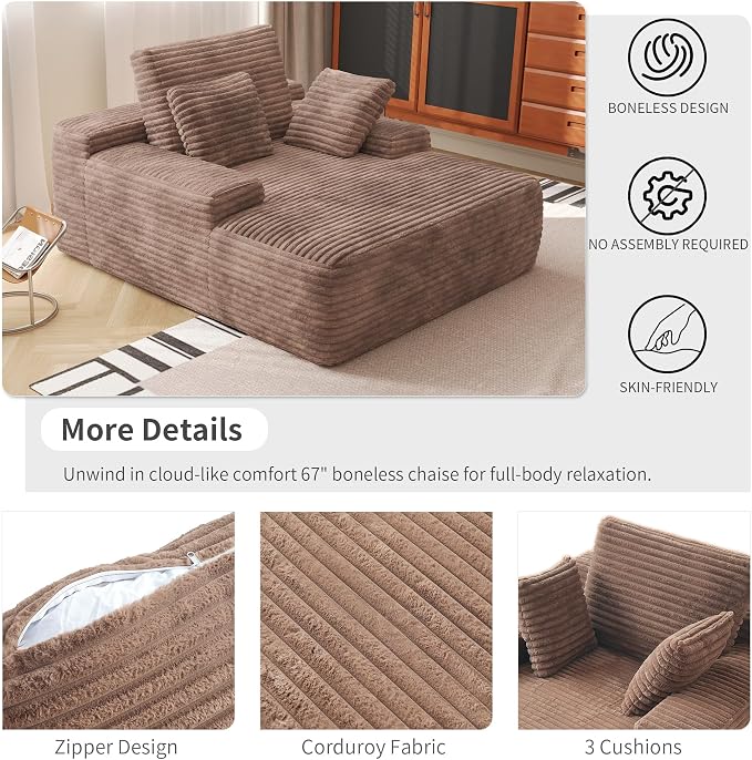 Oversized Chaise Lounge Chair Indoor, Plush Corduroy Boneless Sofa Bed - Image 4