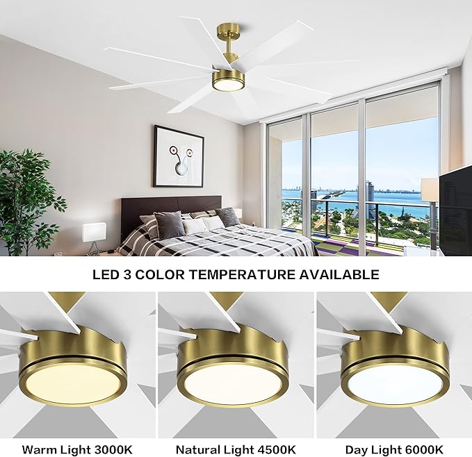 WINGBO 60" Large DC Ceiling Fans with Lights and Remote, 3 Downrods, 8 Plywood Blades, 6-Speeds Reversible DC Motor, 3CCT, Indoor Ceiling Fan for Bedroom Living Room Patio, Brass and White