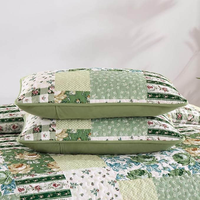 Anibedding Patchwork Quilt Set King Size, Sage Green Floral Plaid Bedspread | 3 - Image 9