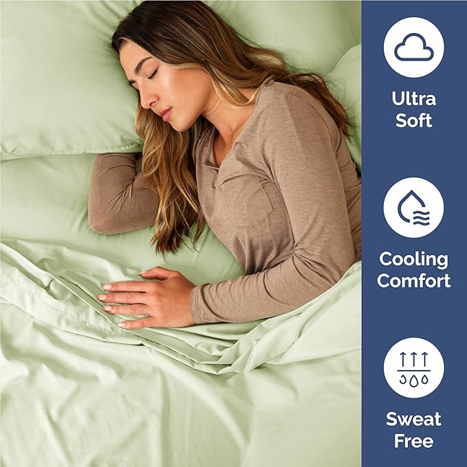 Full 6 Piece Sheet Set - Cooling, Comfy & Breathable - Hotel Luxury Bedding, Includes Fitted Sheet for Women, Men, Kids & Teens - 1 Flat, 1 Fitted Sheet, 4 Pillowcases with Deep Pockets - Light Sage