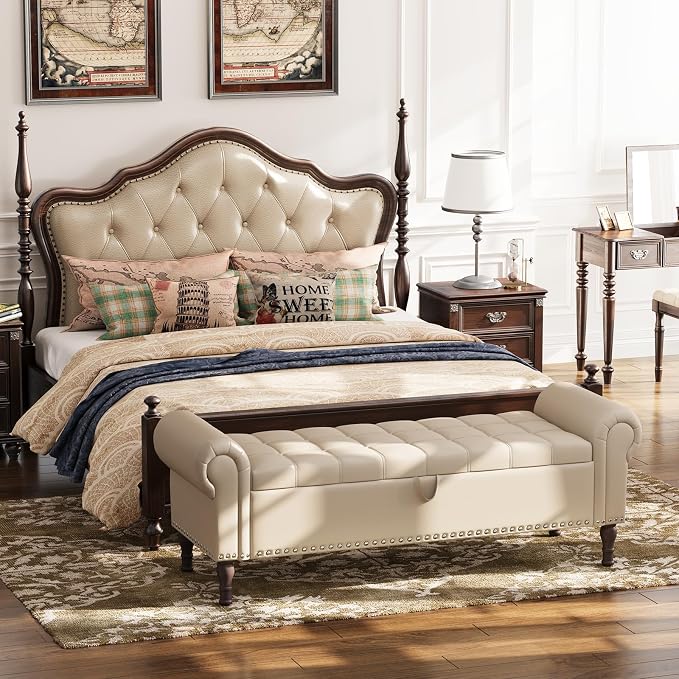 Apicizon 60” Bench with Storage, Faux Leather Ottoman Bench with Rolled Arm & - Image 3