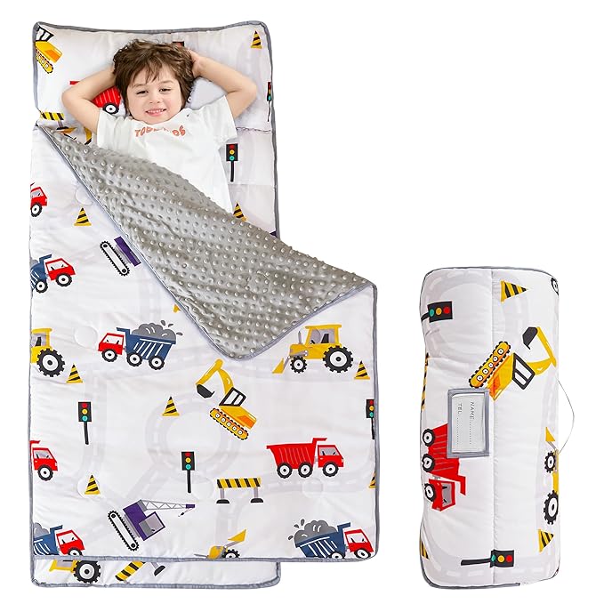 Viviland Toddler Kid Nap Mat for Preschool, Boys Car Truck Slumber Bag, Daycare Sleeping Bag with Pillow and Blanket, Kindergarten Sleep Mat