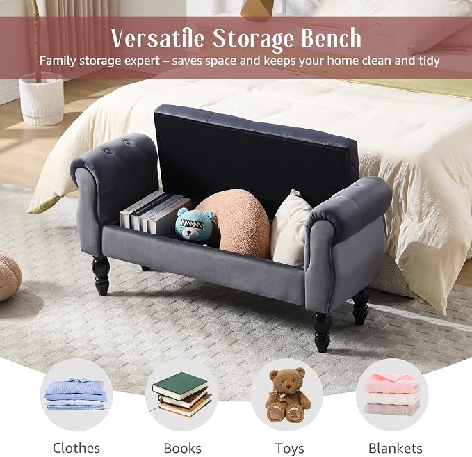 47.6" Storage Bench for End of Bed Bedroom, Velvet Ottoman Bench - Image 3