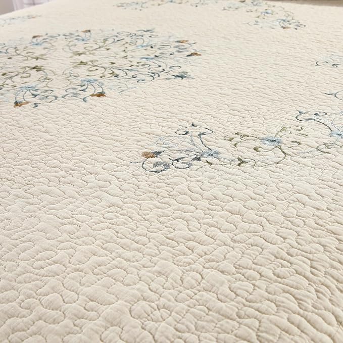 ROOMLIFE Quilt Set Queen Size 3D Floral Embroidery Pattern 3-Piece Cotton | - Image 5