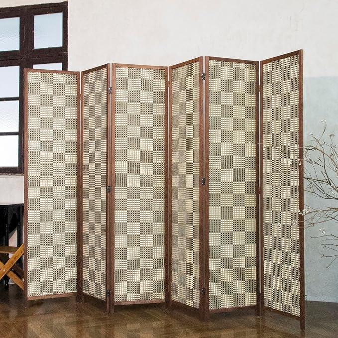 6 Panel Bamboo Room Divider, 5.6 ft Tall Double-Sided Folding Privacy Screen by PawlaBay