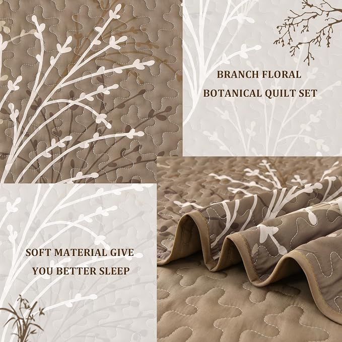 DJY Brown Quilt Set Queen Size Branch Botanical Bedspread Coverlet Set | 3 - Image 4