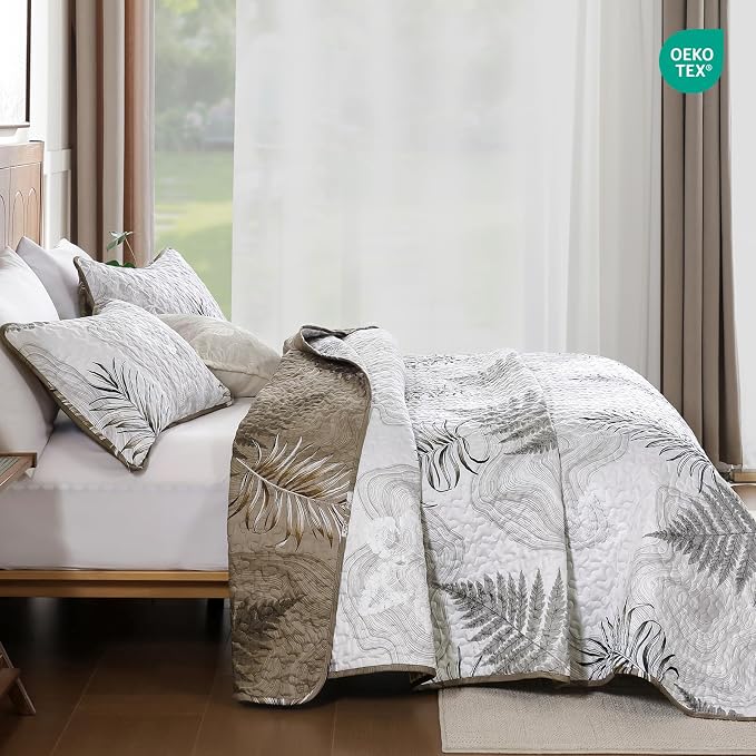 DJY Queen Size Brown Quilt Set, 3 Piece Reversible Leaves Bedding Set | Soft - Image 3