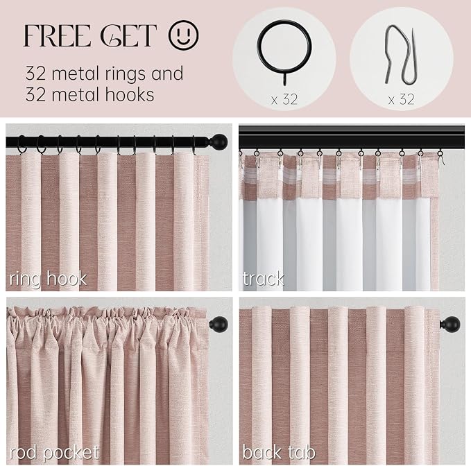 Light Pink Full Blackout Curtains Linen Blended Room Darkening Curtain Panels - Image 4