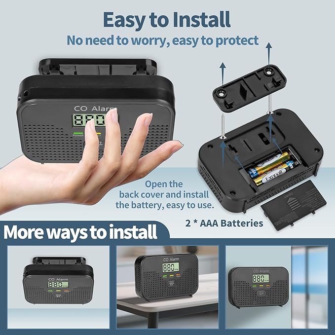 Carbon Monoxide Detector Powered by AA Battery (not Included),CO Monitoring Alarm with LCD Display Screen, Used for Home Basement Kitchen, Hotel Garage, Bedroom, Living Room Voice Alarm 4 Pack