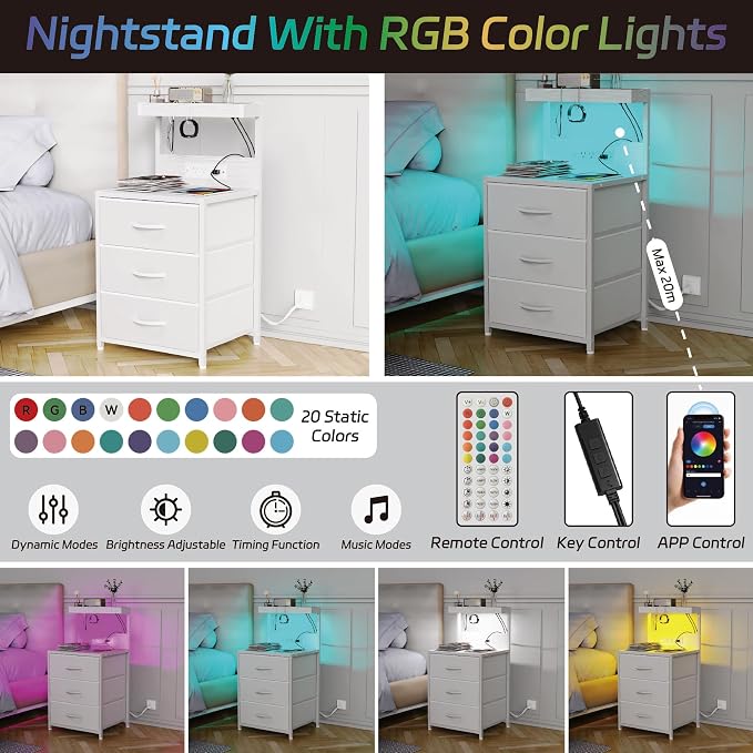 LED Night Stand with Charging Station Set of 2, 3 Fabric Drawer, End Side Table - Image 4