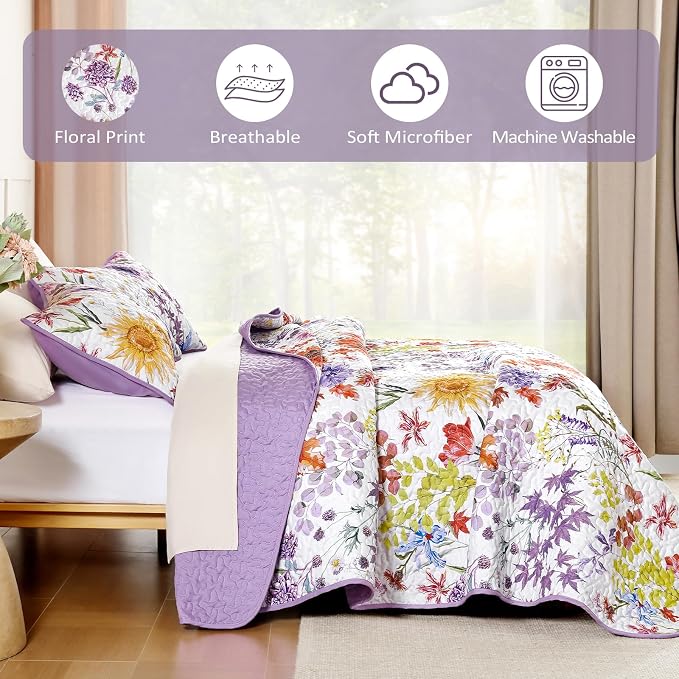 Yiran Purple Floral Quilt Set Queen Size, Sunflower Botanical Bedding Set | 3 - Image 6