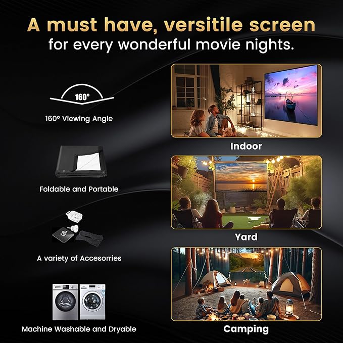 120 inch Projector Screen 2025 Upgraded- Black Backing, Straight Edges, Foldable, Washable and Wrinkle-Free - for Indoor Home Theater and Outdoor Cinema -White 16:9 by IOLIEO