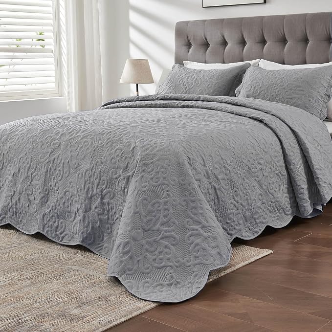 Kingnex Oversized King Bedspreads 128x120 Gray | Lightweight, Extra Wide Quilt by Kingnex