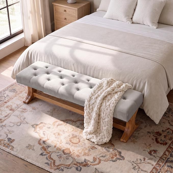 LITTLE TREE 55" Upholstered End of Bed Bench, Solid Wood Tufted Entryway Bench - Image 11