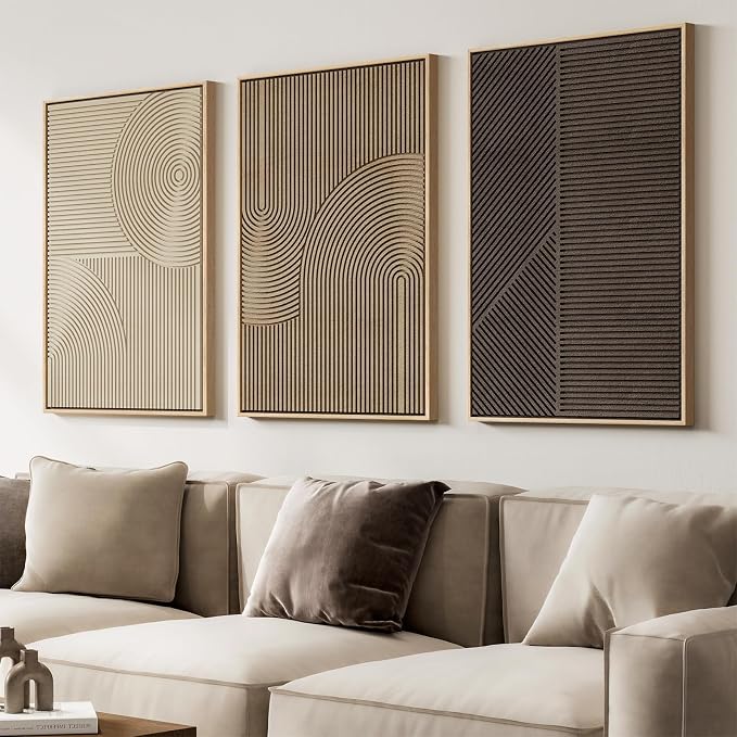 Large 3D Textured Framed Neutral Abstract Wall Art Set, 3 Piece 24x36 In | - Image 5