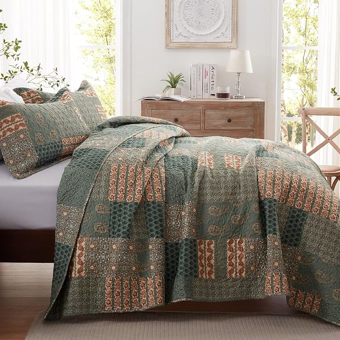 2 Pieces Twin Size Quilt Set Olive Green Paisley Bedspread Coverlet Lightweight - Image 3
