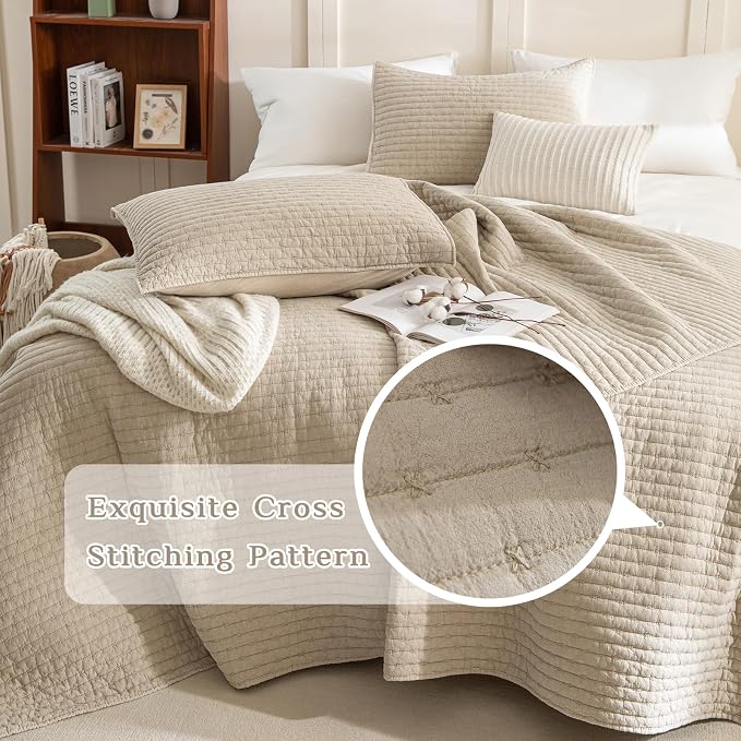CozyTide Oversized Queen Bedspread 102"x118", Wheat Stone-Washed Cotton - Image 3