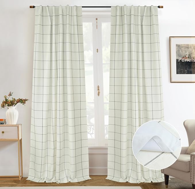 DriftAway 100% Blackout Plaid Linen Curtains 102 Inches Long 2 Panels Black | by DriftAway