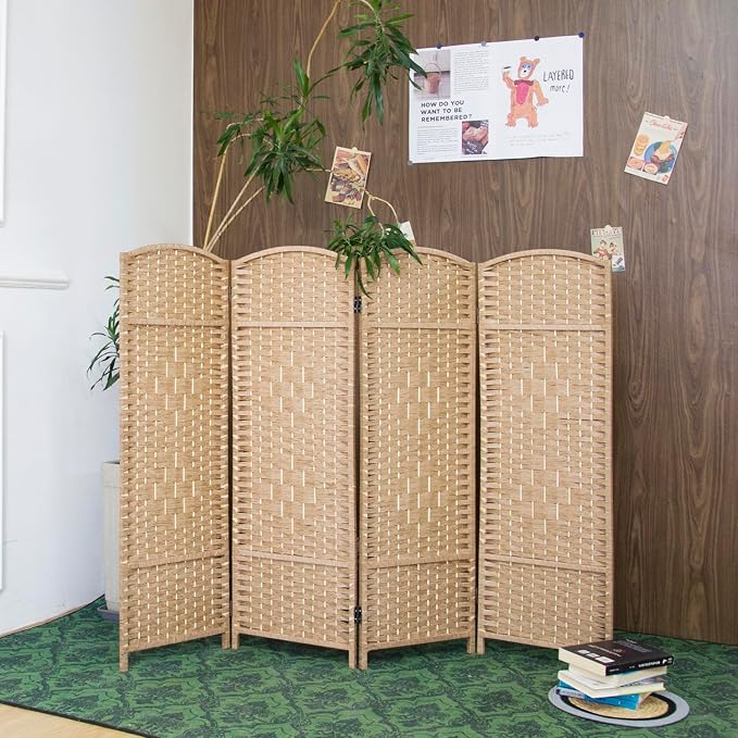 4-Panel Short Room Divider, 3.9 ft Freestanding Partition Wall, Light Brown - Image 4
