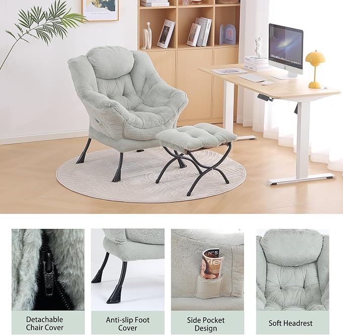 Lazy Chair with Ottoman, Comfy Accent Reading Chair, Plush Green | Foldable - Image 4