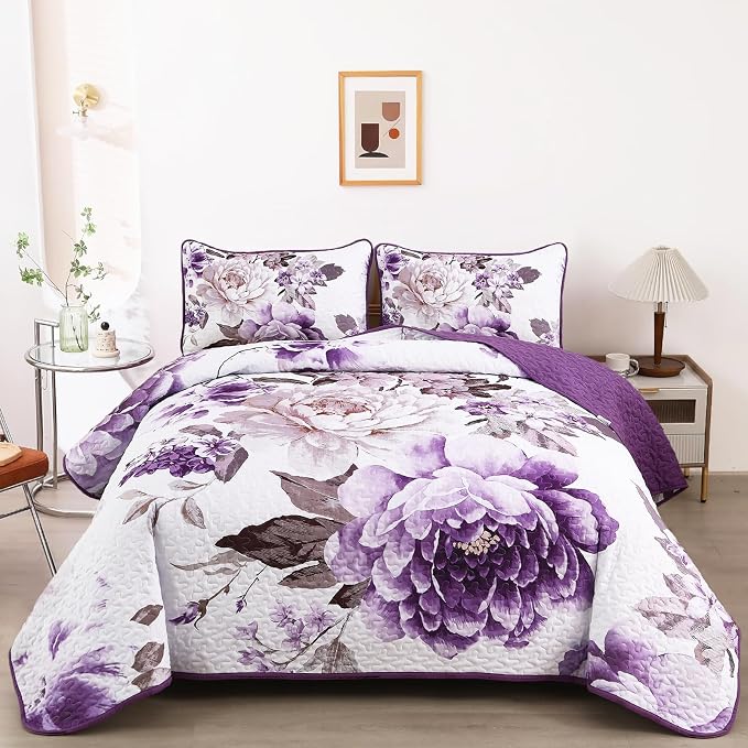 WONGS BEDDING Purple Floral Quilt Set King, 3 Pieces Reversible Lightweight by WONGSBEDDING
