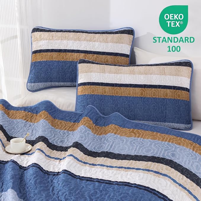 Dobuyly King Size Striped Quilt, Boho Blue Lightweight Bedspread Bedding Set | - Image 3