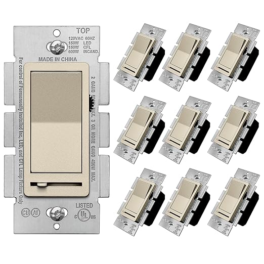 BESTTEN 10 Pack Matte Champagne Gold Dimmer Light Switch, Single Pole or 3-Way, Compatible with Dimmable LED, CFL, Incandescent and Halogen Bulb, 120VAC, Signature Collection, UL Listed