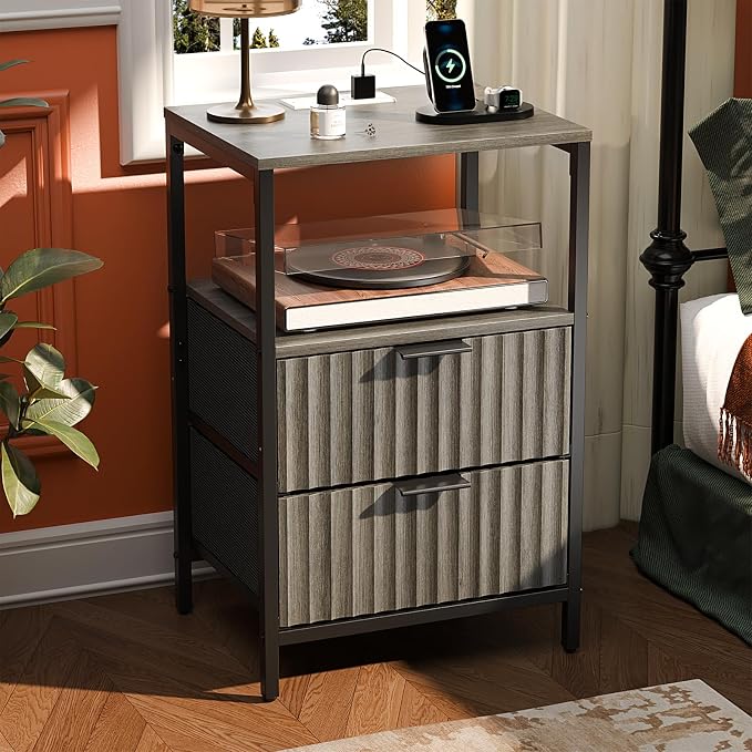 VINGLI Grey Night Stand with Charging Station and Fabric Drawers, Fluted by VINGLI