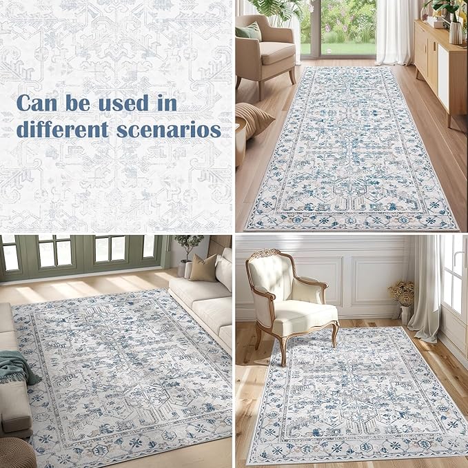 jinchan Lima Runner Rug 2x5 - Vintage Hallway Machine Washable Rug Floral Non Slip with Rubber Backing Ultra-Thin Carpet Runner for Kitchen Bedroom Laundry Room Farmhouse Entryway (2x5ft, Blue)