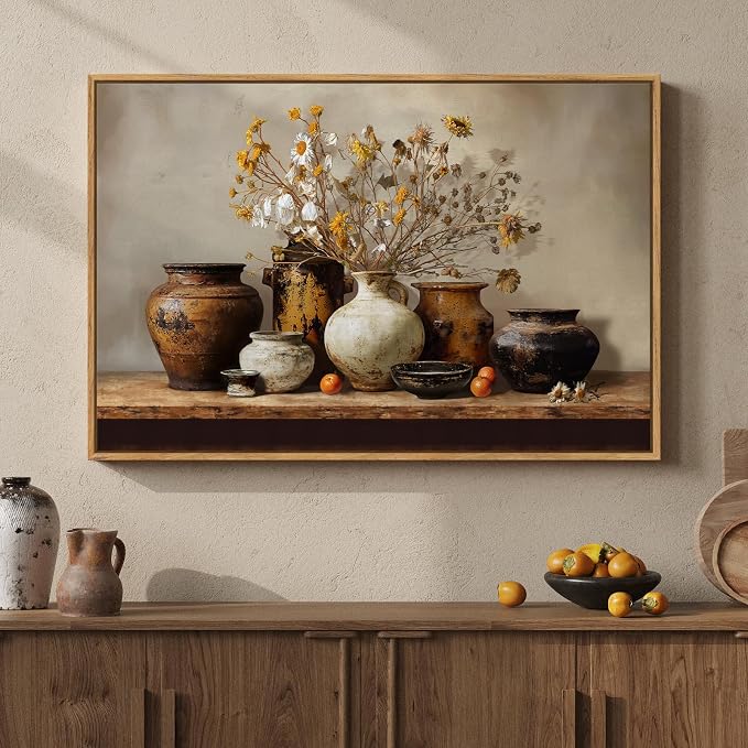 Framed Vintage Farmhouse Rustic Floral Pottery Kitchen Wall Art, 24x36 In | by Cuspin