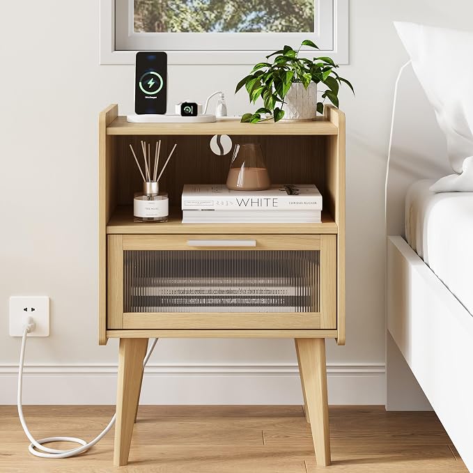 Nightstand with Charging Station, Natural Wood Bedside Tables, Modern End Table - Image 5