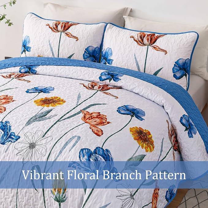 WONGS BEDDING Blue Quilt Set Queen Size, Cute Floral Botanical Bedspread - Image 4