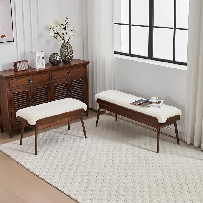 BFZ 37.4" Upholstered Bedroom Bench Walnut Wood Frame Entryway Bench | Padded - Image 7