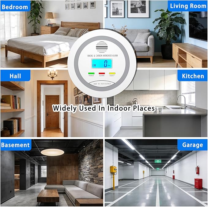 Virtue Sensor Smoke & Carbon Monoxide Detector, 2-in-1 CO Detector Alarm for Home Garage RV with LCD Display Safety Alarm System Audible and Visual Alert (1 Pack with Batteries)