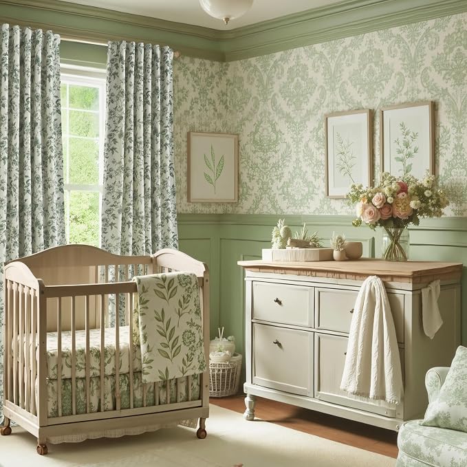 Sage Green Linen Blackout Floral Curtains 84 Inches 2 Panels | Floral Penoy - Image 2