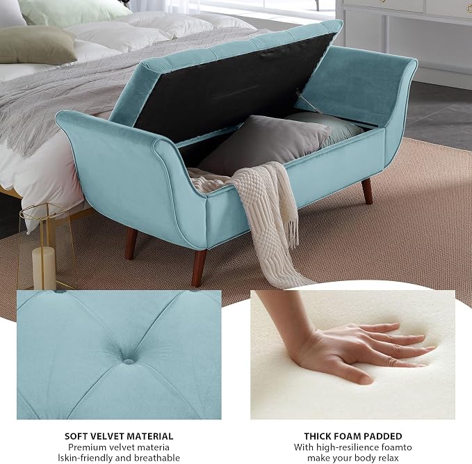 65" Velvet End of Bed Bench, Upholstered Seat - Image 3