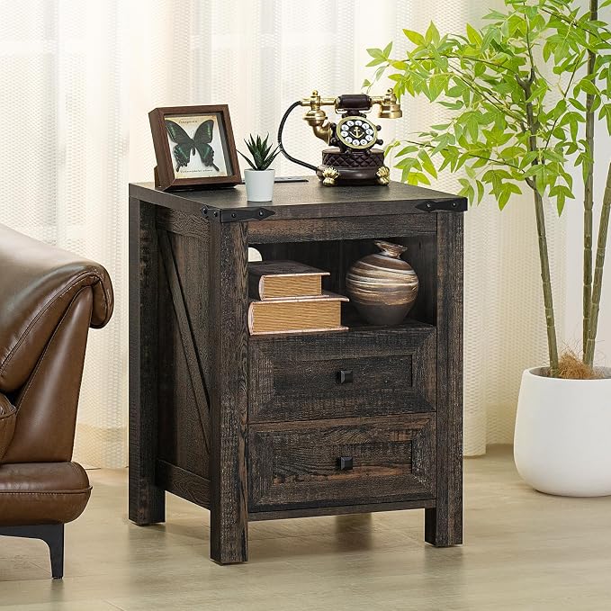 Joaxswe Nightstand with Charging Station and 2 Drawers, Farmhouse | Dark Drey - Image 6