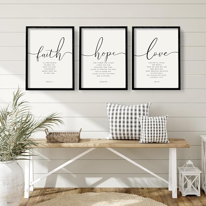 Houmury 3PCS Framed Faith Hope Love Bible Verses Wall Art Farmhouse Religious - Image 2