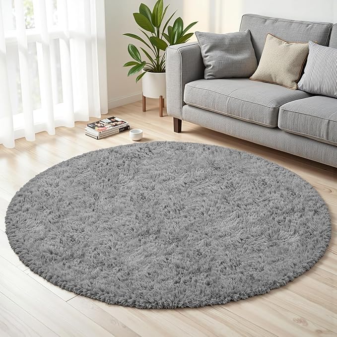 Light Gray Round Fluffy Rug 6ft Plush Fuzzy Shaggy Carpet | Soft Rugs by Unknown