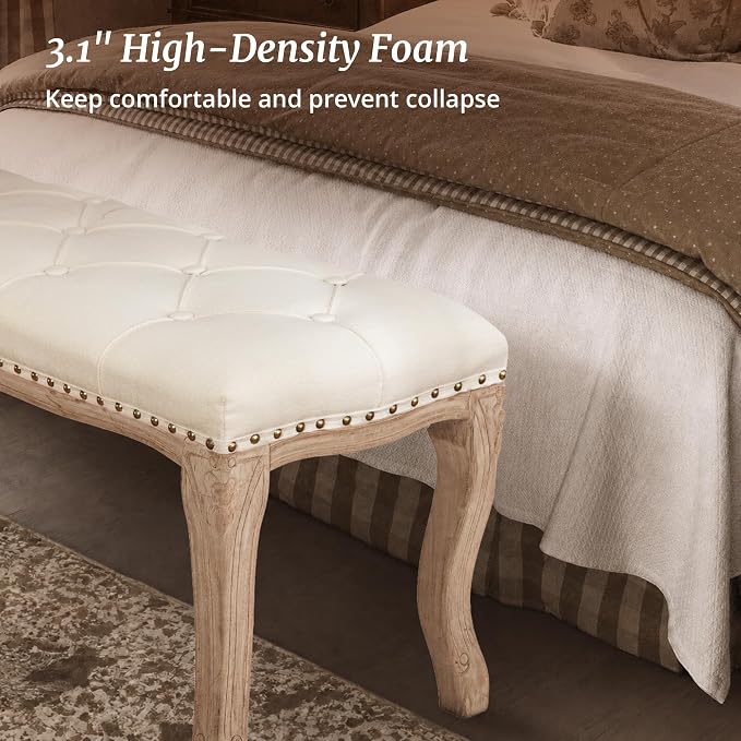 Bedroom Bench, French Vintage Entryway Bench 52.5" Carving Upholstered End of - Image 5