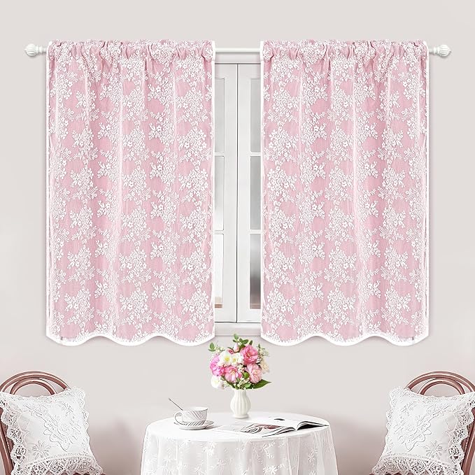 Yinhua Pink Kitchen Curtains 36 Inch Length Double Layer Blackout Cafe Curtains - Image 2