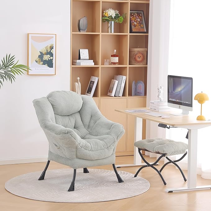 Lazy Chair with Ottoman, Comfy Accent Reading Chair, Plush Green | Foldable - Image 9