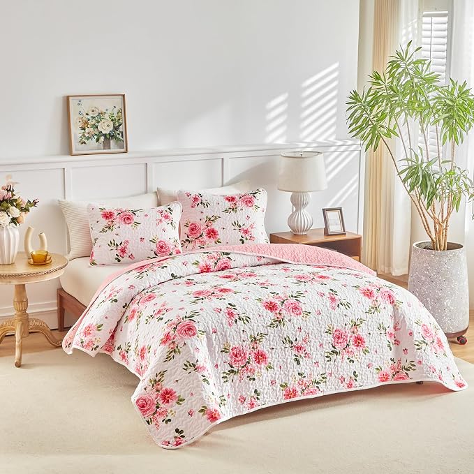 UOZZI BEDDING Pink White Floral Quilt Set 3 Pieces Queen Size Pink Flower Soft - Image 9