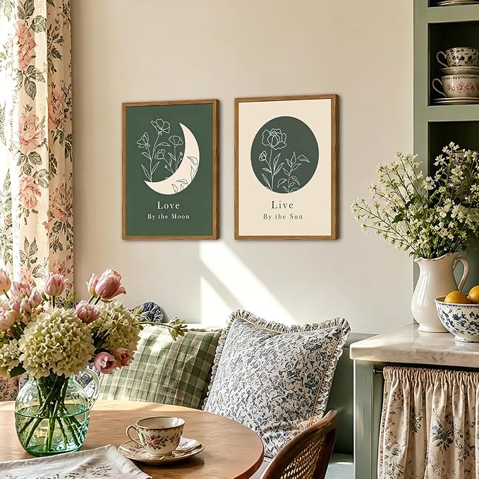 Framed Boho Sun and Moon Wall Art Set of 2, Sage Green Floral Line Pictures - Image 2