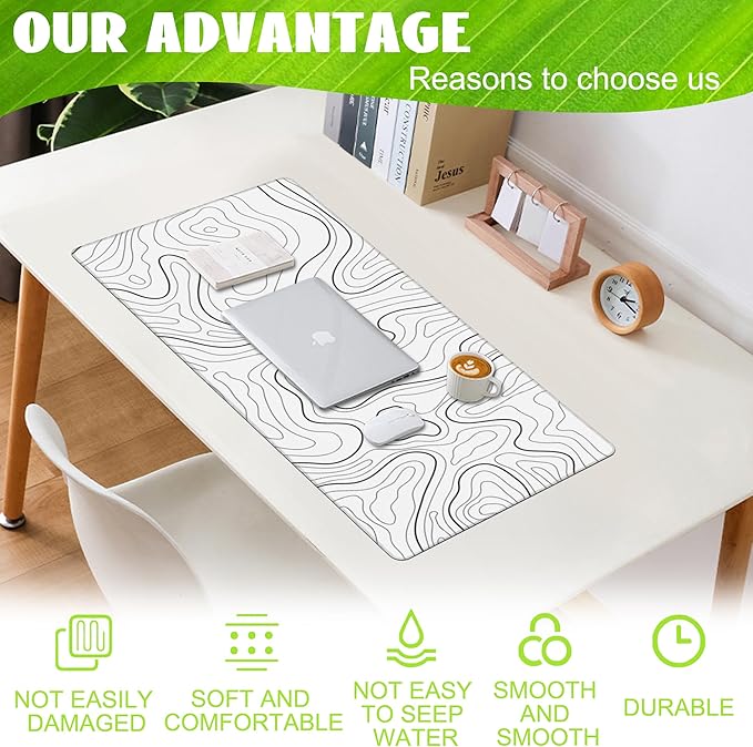 Eflxamz Desk Mat,White Topographic Contour Map Desk Pad,Topographic Contour Large Gaming Mouse Pad for Desk,Extended Big Computer Keyboard Mouse Pad with Non-Slip Base and Stitched Edge,35.4"x15.7"